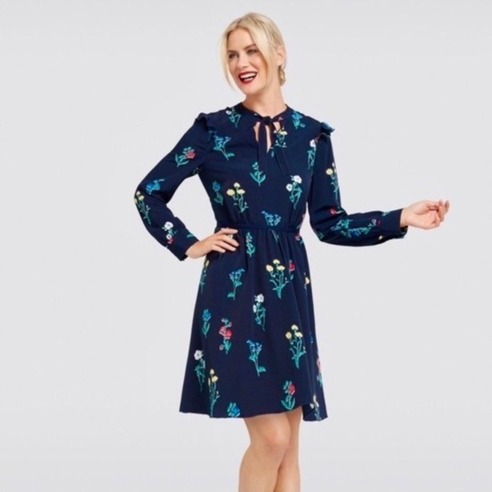 DRAPER JAMES Tisdale Navy Blue Floral Dress Tie Neck Ruffle Shoulders Size 8